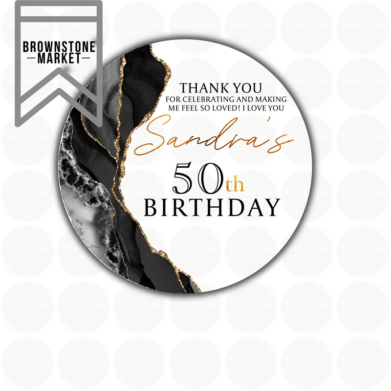 Birthday Party Favor Stickers | Personalized Milestone Celebration Labels | Black and Gold Agate